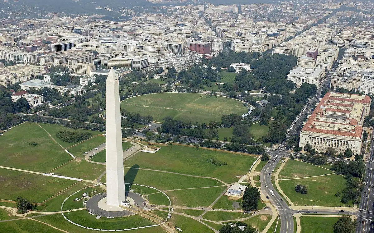 Aerial view of the Washington Monument and the National Mall